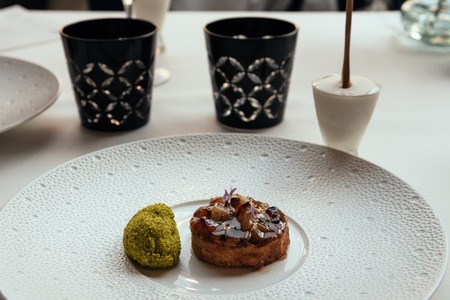 Beautiful decorated dish of international fusion cuisineの写真素材