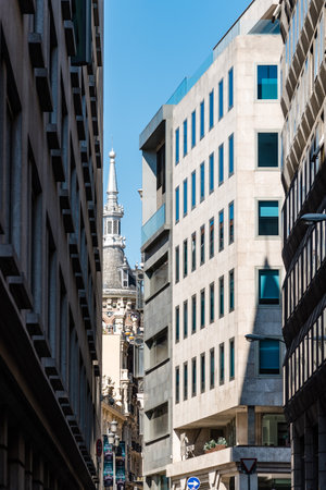 Low angle view of narrow street in historic center of Madridのeditorial素材