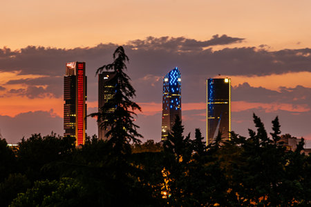 Cityscape of financial district of Madrid at sunset