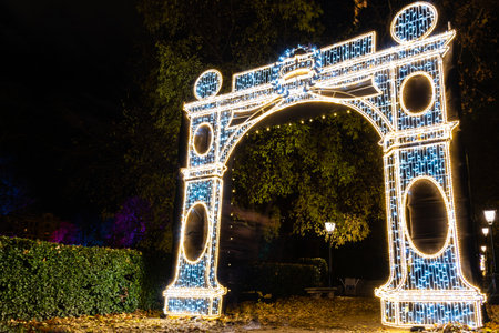 Royal Botanical Garden of Madrid illuminated during Christmas time.のeditorial素材