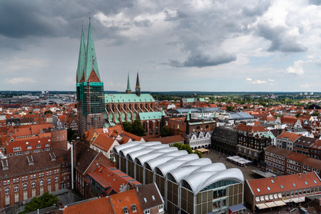 Aerial view of historic centre of Lubeck, Germanyのeditorial素材