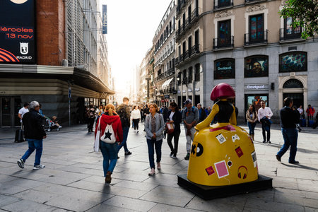 People in Callao Square and Preciados commercial street with sun flare on background. Madrid, Spainのeditorial素材