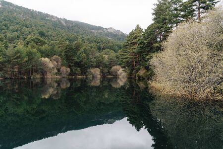 Picturesque view of mountain dam and pine forest on a misty day. Navacerrada, Madridの写真素材