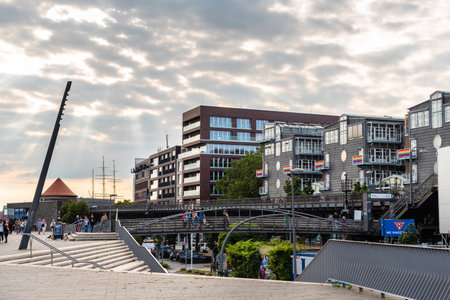 Gruner and Jahr headquarter in Hamburg with rainbow gay flags on the balconies from Elbpromenade at...