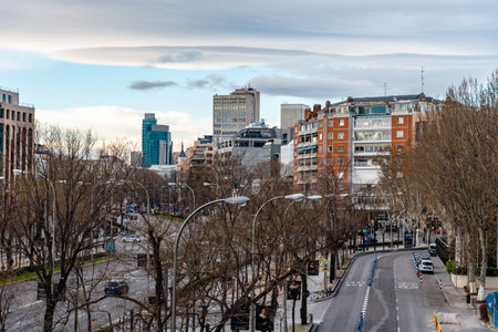 Cityscape of Castellana Avenue at sunset. Madrid, Spainのeditorial素材