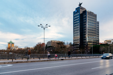 Cityscape of Castellana Avenue and Juan Bravo bridge at sunset, Madrid, Spainのeditorial素材