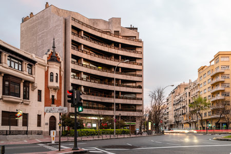 Cityscape of Ruben Dario Square at sunset with light trails in Madridのeditorial素材