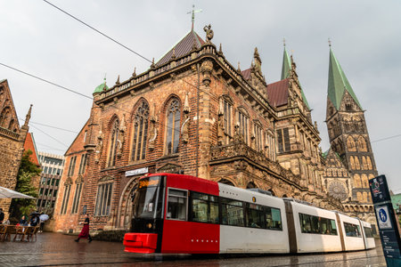 Bremen, Germany - August 5, 2019: Tramway through the old market squareのeditorial素材