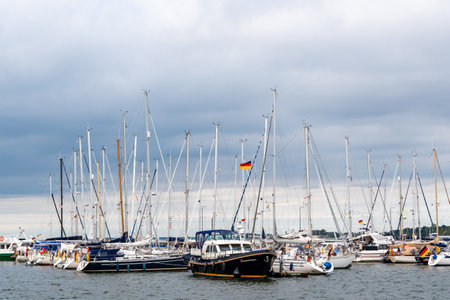 Yachts moored in the pier of the harbour of Stralsundのeditorial素材