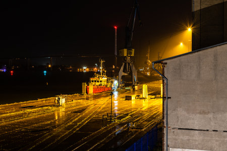 Night view of the commercial harbour of Stralsund