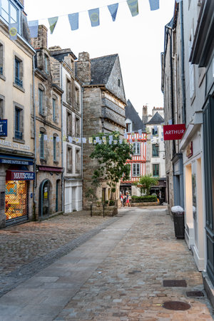 Empty commercial street amidst old buildings in the centre of Quimperのeditorial素材