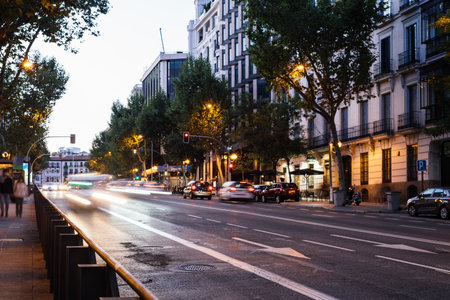 Long Exposure of street with traffic light trails in Madridのeditorial素材