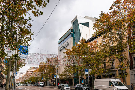 View of Serrano Street in Salamanca District of Madridのeditorial素材