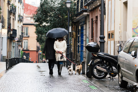 Unidentified couple walking on street a rainy day in Chueca quarter in Madridのeditorial素材