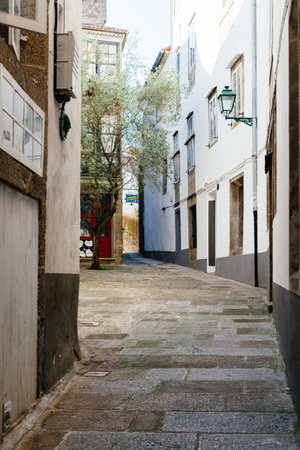 Narrow pedestrian street in historical centre of Santiago de Compostelaのeditorial素材