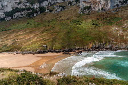 Scenic view of the beach with turquoise water from above. Sonabia beach, Cantabria, Spainの写真素材
