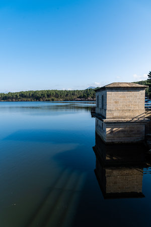 View of the dam of El VIllar a sunny day in Madrid, Spainの写真素材