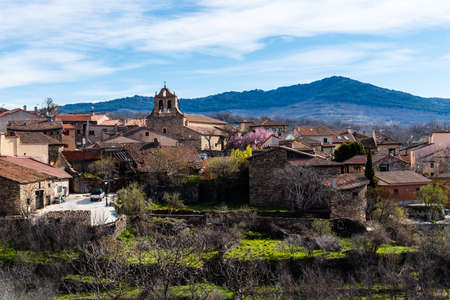 Scenic panoramic view of the the village of Horcajuelo de la Sierra during springtimeの写真素材