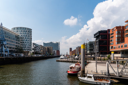 Cityscape of Sandtorhafen canal and Elbphilharmonie in Hamburgのeditorial素材