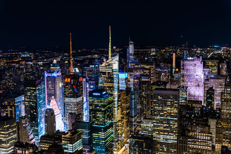 High angle view of the skyline of Manhattan at nightのeditorial素材