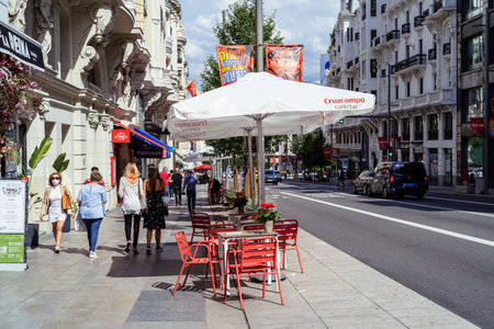 Sidewalk cafe with umbrellas in Gran Via in Madridのeditorial素材