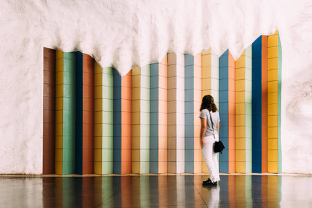 Woman looking at tile colorful pattern in T-Centralen Stockholm undergroundのeditorial素材