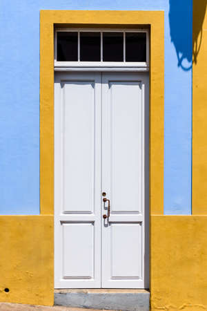 Traditional painted door in canarian colonial style house in the old town of Santa Cruz de La Palmaの写真素材