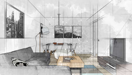 Computer generated image of a living room. Sketch style 3D renderingの写真素材