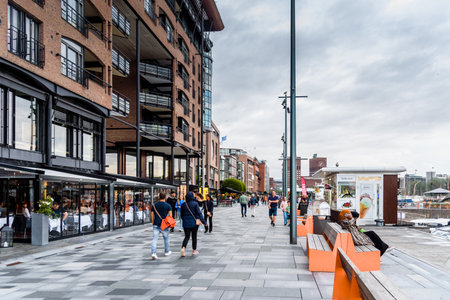 Promenade in new modern urban renewal with luxury housing in Central Osloのeditorial素材