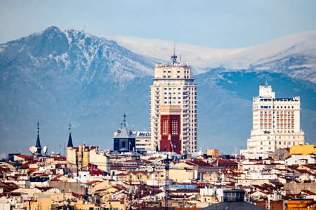 Panoramic cityscape of Madrid, view against Guadarrama mountain rangeのeditorial素材