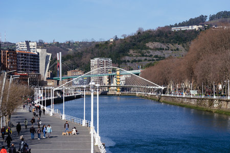 View of the promenade along the estuary of Bilbaoのeditorial素材