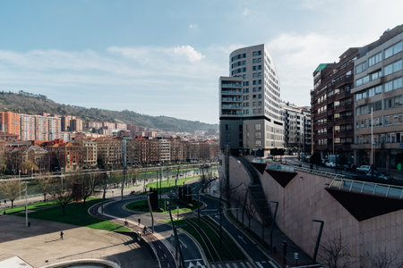 View of the promenade along the estuary of Bilbaoのeditorial素材