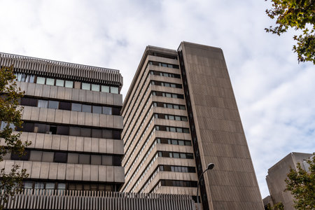 Brutalist style residential apartment block with precast concrete facade in Madridのeditorial素材