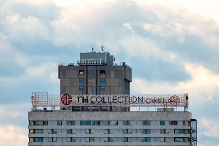 View of Eurobuilding NH Collection hotel against skyのeditorial素材