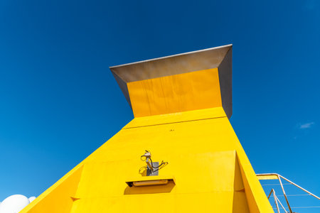 Yellow Chimney of Ship Against Blue Skyの写真素材