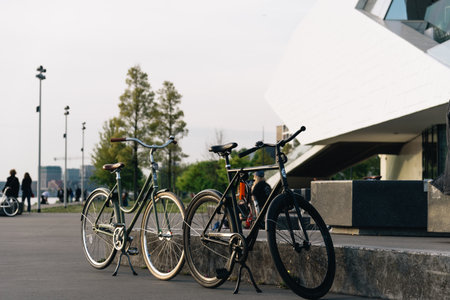 Bicycles parked in the promenade in Overhoeks area in Amsterdamのeditorial素材