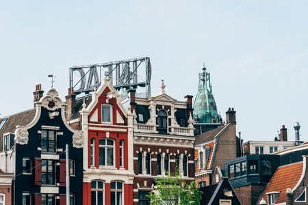 Traditional houses in the waterfront of the Amstel River of Amsterdamのeditorial素材