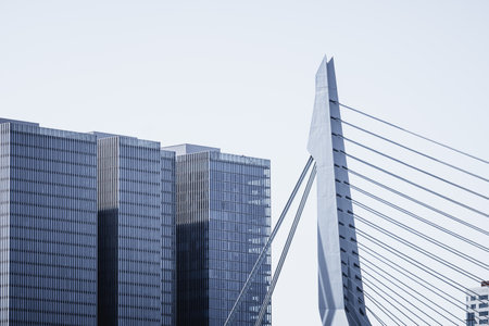 Iconic skyscraper and bridge against sky in Rotterdamのeditorial素材