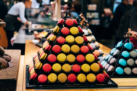 Pyramid of colorful macaroons in trendy bakeryの写真素材
