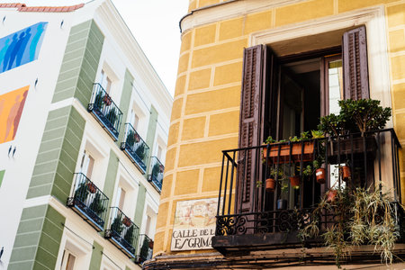 Traditional iron balcony with pots hanging from the railing in Lavapies neighborhood in Madridのeditorial素材