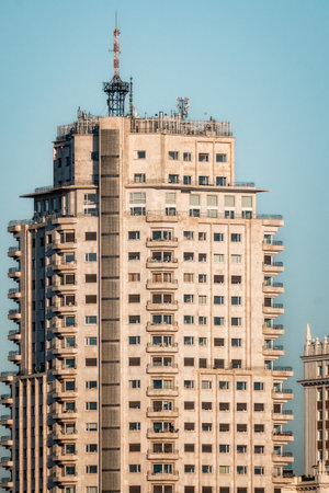 Telephoto lens view of the Tower of Madrid in Plaza of Espanaのeditorial素材
