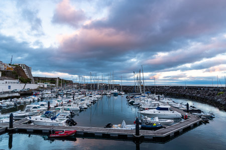 Panoramic view of the port of Angra do Heroismo at sunsetのeditorial素材