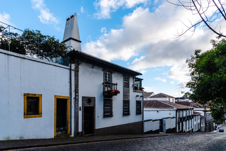 Street with traditional colonial houses painted in vibrant colors in the old town of Angra do Heroismoのeditorial素材
