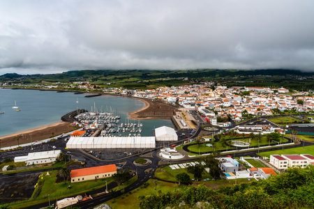 Panoramic aerial view of Praia da Vitoria a sunny day of summer from Viewpoint of Facho in Terceira...