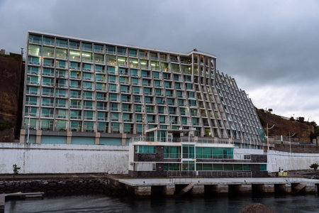 Apartment building in the port of Angra do Heroismo at sunsetのeditorial素材