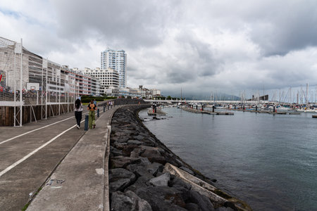 Promenade in the port of Ponta Delgada, Azoresのeditorial素材