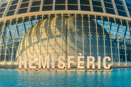 Valencia, Spain - July 29, 2023: View of Hemisferic an IMAX cinema and planetarium in the City of Arts and Sciences designed by famous Spanish architect Santiago Calatravaのeditorial素材