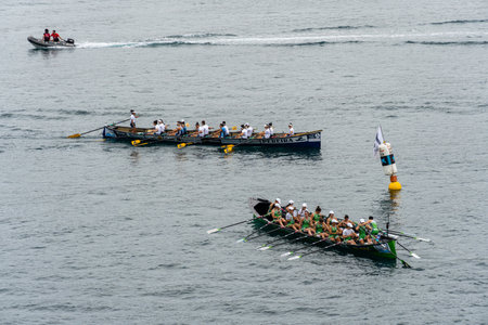 San Sebastian, Spain - July 8th, 2023: Trainera rowing boat regatta in the bay of La Concha in San Sebastian during Eusko Label and Euskotren 2023 league. Female competitionのeditorial素材