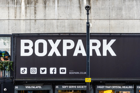 London, UK - August 25, 2023: Boxpark in Shoreditch. Boxpark is a food and retail park made out of...