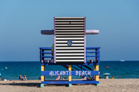 Alicante, Spain - October 13, 2023: Bay watchers hut in the Beach of San Juanのeditorial素材